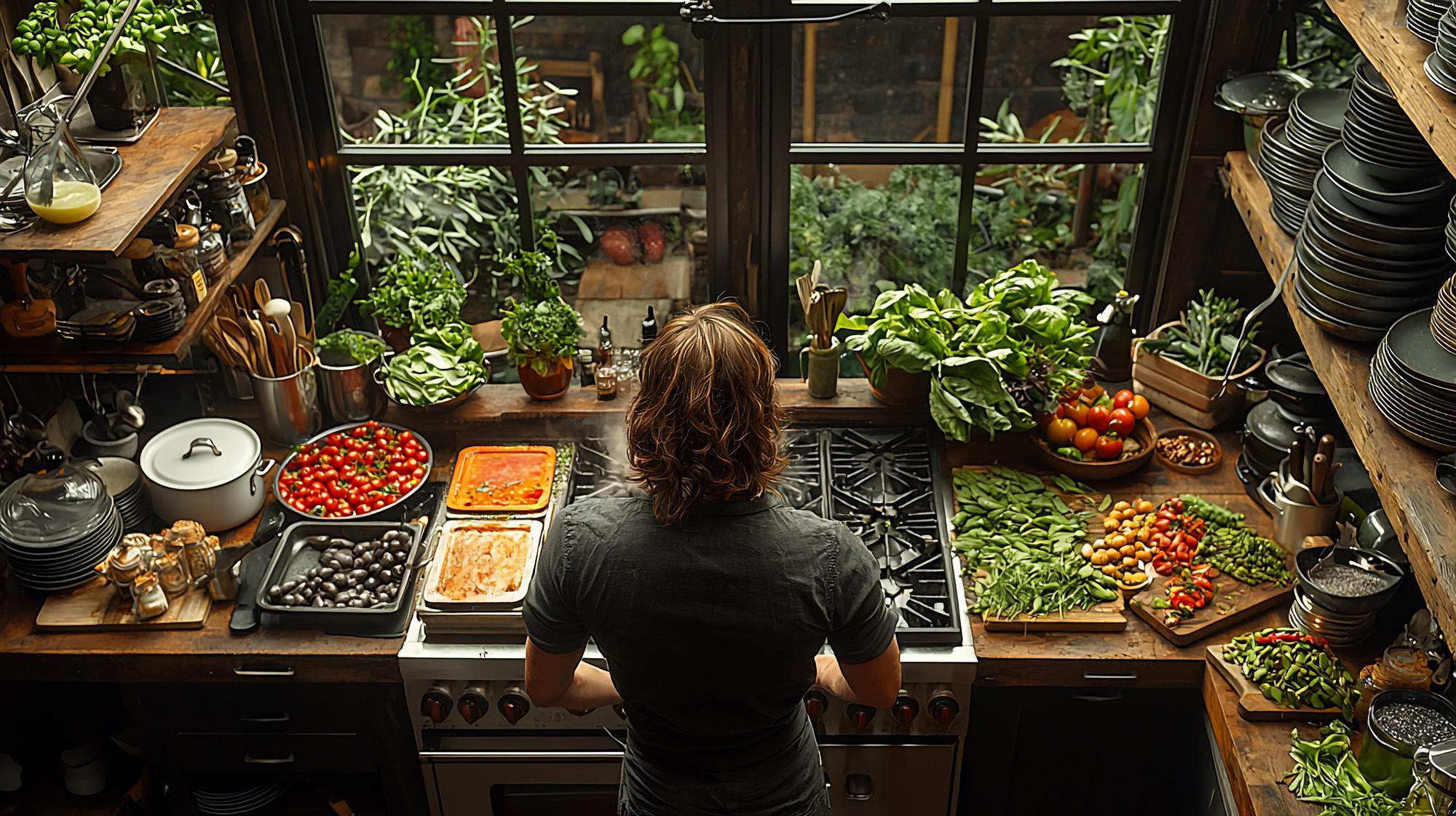 Interior of a compact culinary atelier with stainless surfaces and herbs